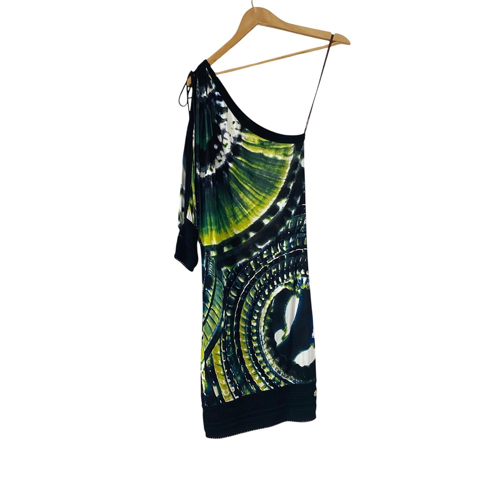 Roberto Cavalli One Shoulder Mini Dress Green Black Abstract Print IT 42 Crochet